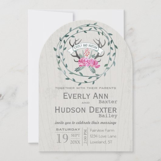 Rustikale Waldgarland Antler Barn Wood Wedding Einladung (Vorderseite)