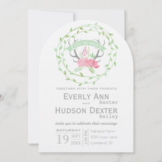 Rustikale Waldgarland Hirsche Antler Hochzeit Einladung (Vorderseite)
