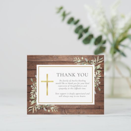 Rustikale Waldgrüne Christliche Beerdigung Dankeskarte (Stehend Vorderseite)