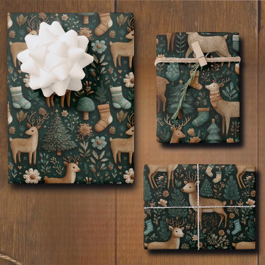 Rustikale Waldhirsche & Christbaum Geschenkpapier Set