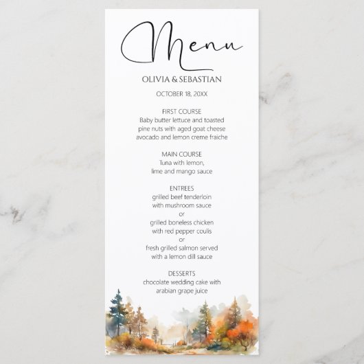 Rustikale Waldhochzeit im Herbst Menükarte (Vorderseite)