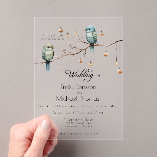 Rustikale Waldlandliebe Vögel Feier Acryleinladungen (Insitu (Handheld))