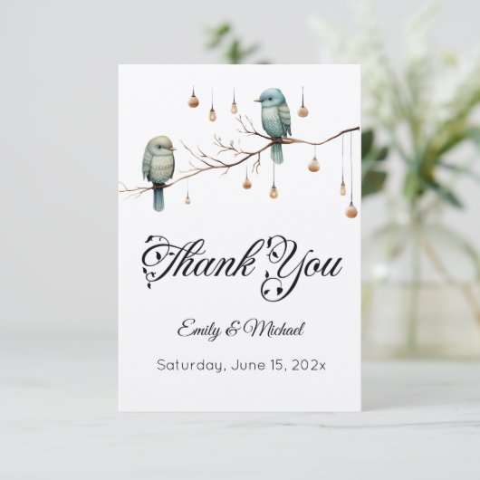 Rustikale Waldlandliebe Vögel Feier Dankeskarte (Stehend Vorderseite)