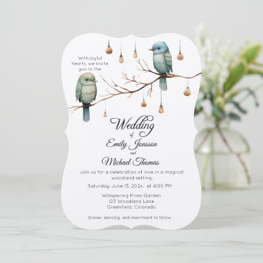 Rustikale Waldlandliebe Vögel Feier Einladung (Stehend Vorderseite)