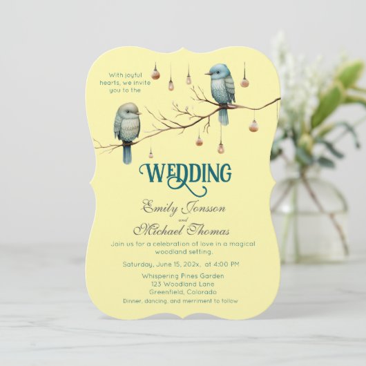 Rustikale Waldlandliebe Vögel Feier Einladung (Stehend Vorderseite)