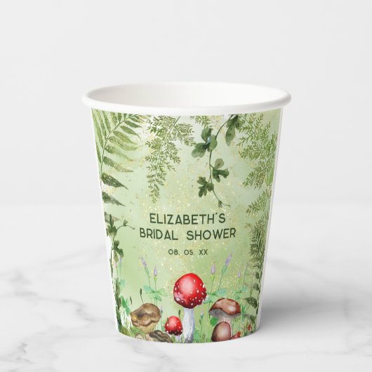 Rustikale Waldlandschaft Pilze Pilze Fungi Ferns Pappbecher (Rückseite)