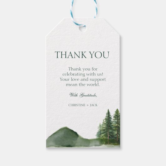 Rustikale Waldlandschaft Pinienwald Hochzeit Danke Geschenkanhänger (Vorderseite)