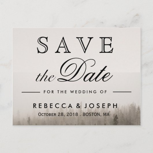 Rustikale Waldmisty Landschaft Hochzeit Ankündigungspostkarte (Vorderseite)