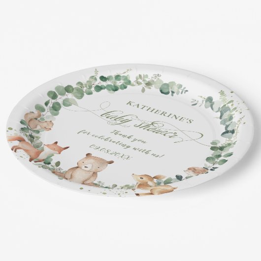 Rustikale Waldpflanze Neutrale Babydusche Pappteller (Schrägansicht)