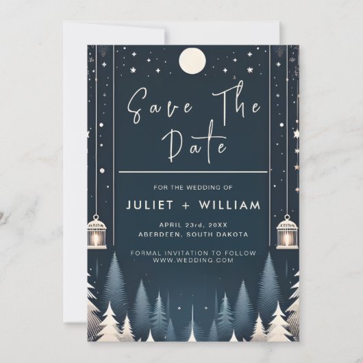 Rustikale Waldstars schneesichere Winterhochzeit Save The Date (Vorderseite)