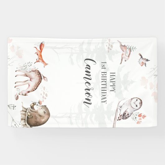 Rustikale Waldtiere 1. Geburtstag Banner (Horizontal)