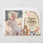 Rustikale Waldtiere Blumenmädchen Geburtstagsgesch Einladung (Vorderseite)