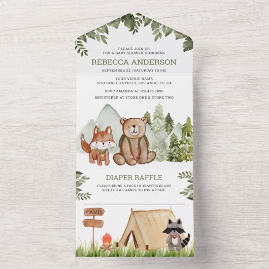 Rustikale Waldtiere Camping Babydusche All In One Einladung (Innen Boden)