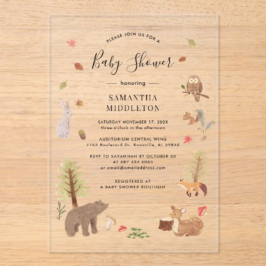 Rustikale Waldtiere fallen Babydusche Acryleinladungen (Vorderseite)