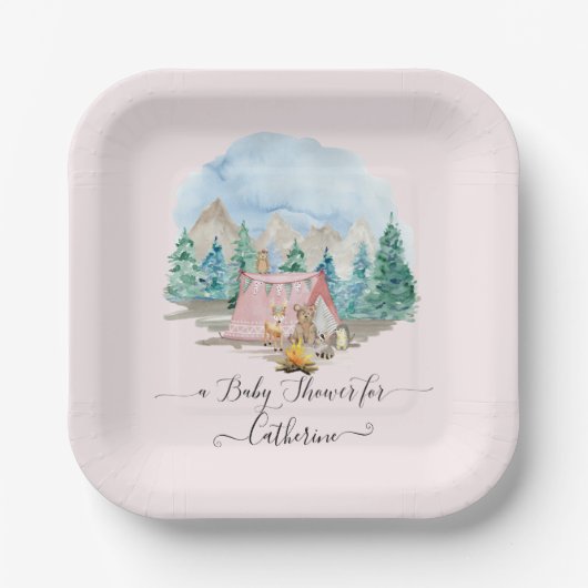 Rustikale Waldtiere Hirschbärenblütendusche Pappteller (Vorderseite)