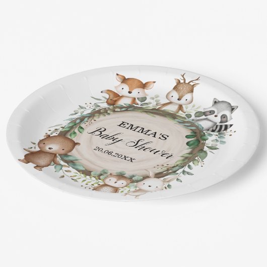 Rustikale Waldtiere Kinderdusche Pappteller (Schrägansicht)