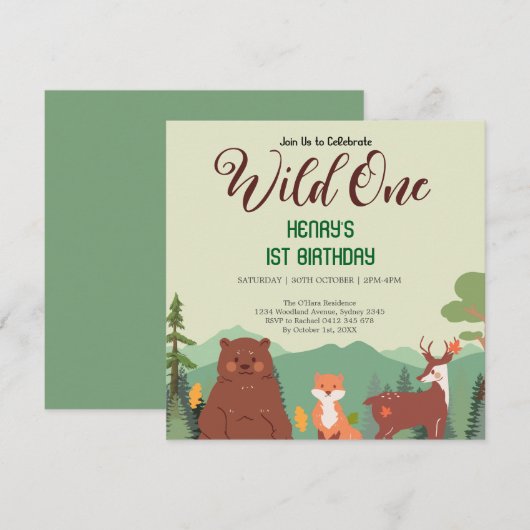 Rustikale Waldtiere Wildtiere einen Geburtstag Einladung (Vorne/Hinten)