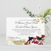 Rustikale Waldvögel Burgund und Goldhochzeit Einladung (Stehend Vorderseite)