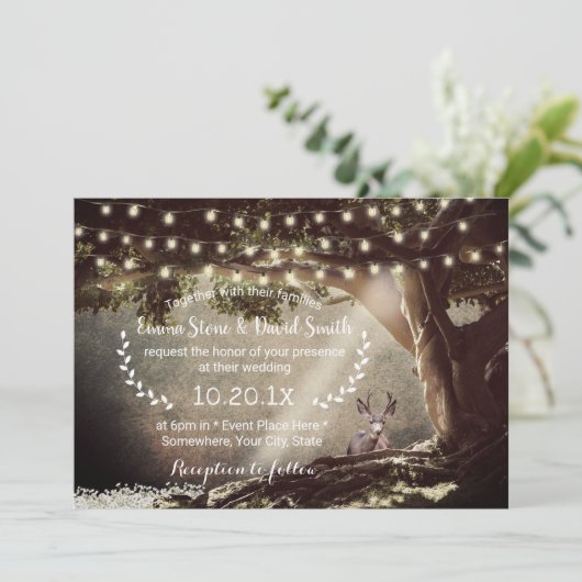 Rustikale Waldweide Hirsch- und Baumhochzeit Einladung (Stehend Vorderseite)