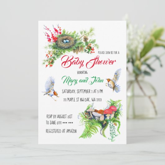 Rustikale Waldwildvögel mit Nest Baby Dusche Einladung (Stehend Vorderseite)