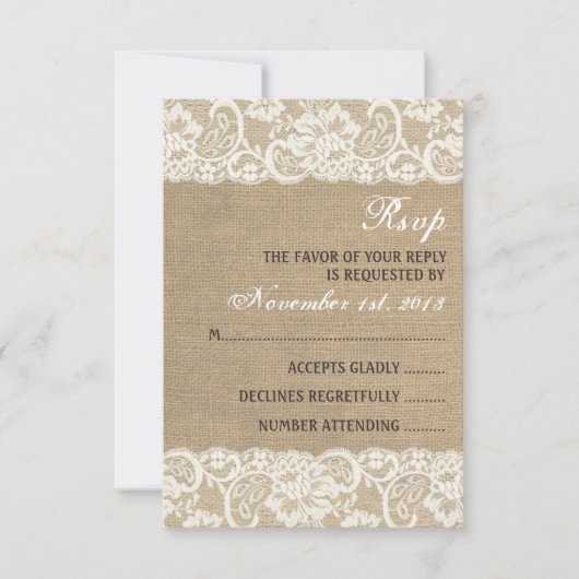 Rustikale WARM Burlap Wedding RSVP Card Karte (Vorderseite)