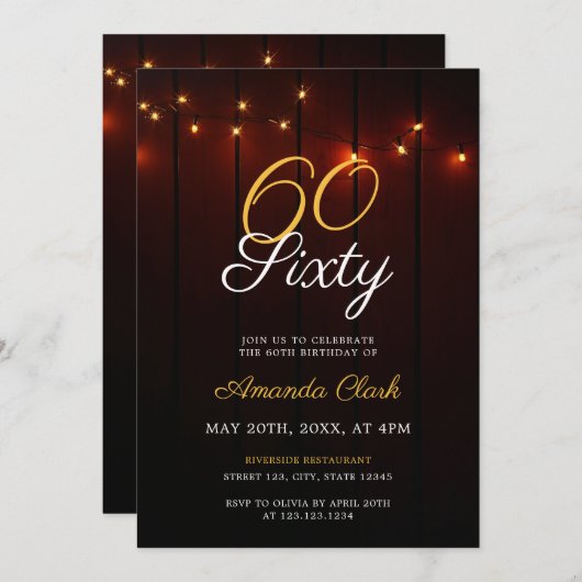 Rustikale, warme Saitenleuchten auf Holz 60. Gebur Einladung (Vorne/Hinten)