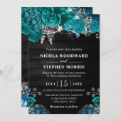 Rustikale Wasserfarbe Aquamarin und Silberne Blume Einladung (Vorne/Hinten)