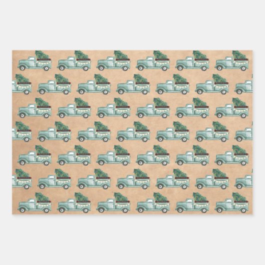 Rustikale Wasserfarbe Aquamariner Weihnachtswagen Geschenkpapier Set (Vorderseite)