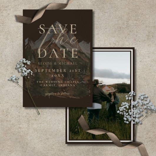 Rustikale Wasserfarbe Berg Foto Hochzeit Save The Date