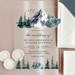 Rustikale Wasserfarbe Bergwald Winterhochzeit Acryleinladungen