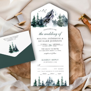 Rustikale Wasserfarbe Bergwald Winterhochzeit All In One Einladung