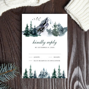 Rustikale Wasserfarbe Bergwald Winterhochzeit RSVP Karte