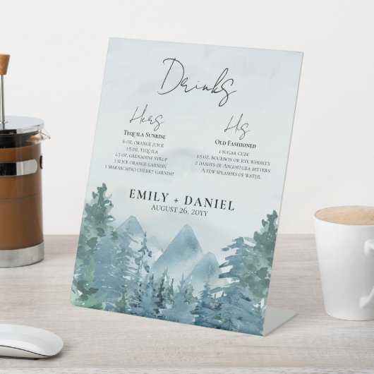 Rustikale Wasserfarbe Blaue grüne Berge Hochzeit Sockelschild (In SItu)