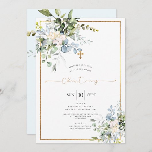 Rustikale Wasserfarbe Blauer Gum Eukalyptus Christ Einladung (Vorne/Hinten)