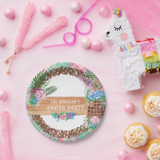 Rustikale Wasserfarbe Blumenreath glückliche Oster Pappteller (Party)