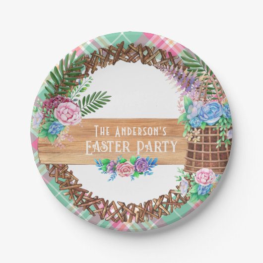 Rustikale Wasserfarbe Blumenreath glückliche Oster Pappteller (Vorderseite)