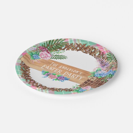 Rustikale Wasserfarbe Blumenreath glückliche Oster Pappteller (Schrägansicht)