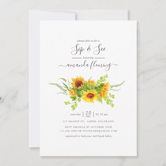 Rustikale Wasserfarbe Bohemisch Sonnenblumen Sip a Einladung (Vorderseite)