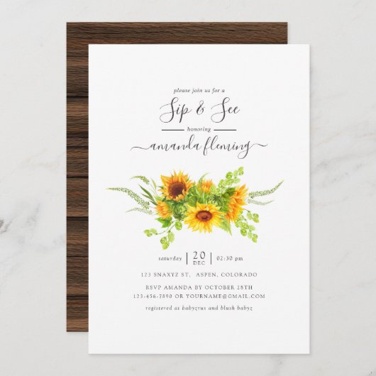 Rustikale Wasserfarbe Bohemisch Sonnenblumen Sip a Einladung (Vorne/Hinten)