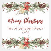 Rustikale Wasserfarbe Botanische Frohe Weihnachten Quadratischer Aufkleber (Vorderseite)