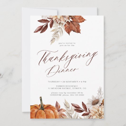 Rustikale Wasserfarbe Erntedank Abendessen Einladung (Vorderseite)