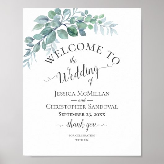 Rustikale Wasserfarbe Eukalyptus Grünzeug Hochzeit Poster (Vorne)