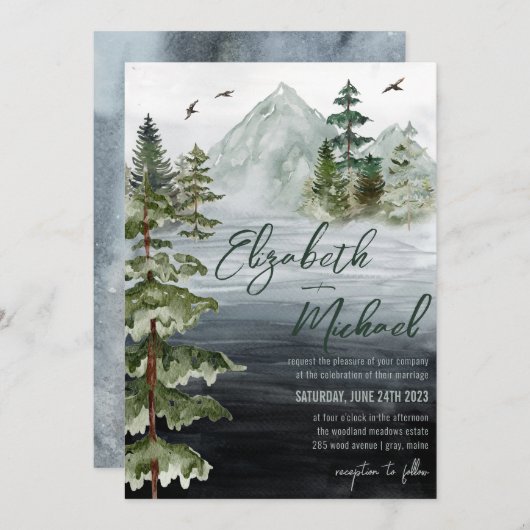 Rustikale Wasserfarbe Evergreen Mountain Wedding I Einladung (Vorne/Hinten)