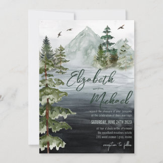 Rustikale Wasserfarbe Evergreen Mountain Wedding I Einladung