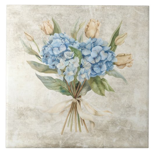 Rustikale Wasserfarbe Florale Blaue Hortensie Fliese (Vorderseite)