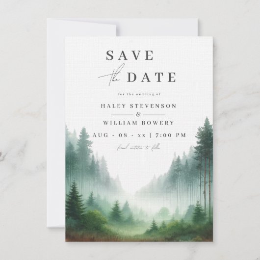 Rustikale Wasserfarbe Grüne Wald Hochzeitsdestinat Save The Date (Vorderseite)