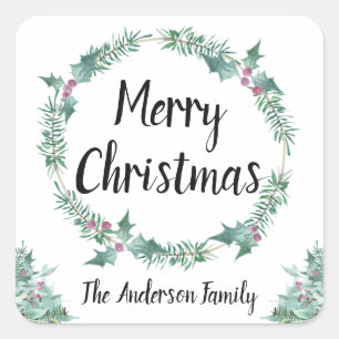 Rustikale Wasserfarbe Heiliger Kranz Frohe Weihnac Quadratischer Aufkleber