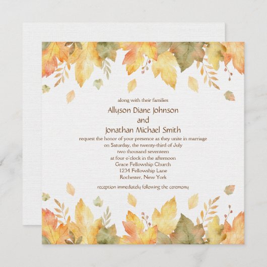 Rustikale Wasserfarbe Herbst Leaves Platz 3 | Einladung (Vorne/Hinten)