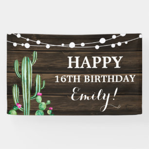 Rustikale Wasserfarbe Kaktus Barnholz Geburtstag Banner