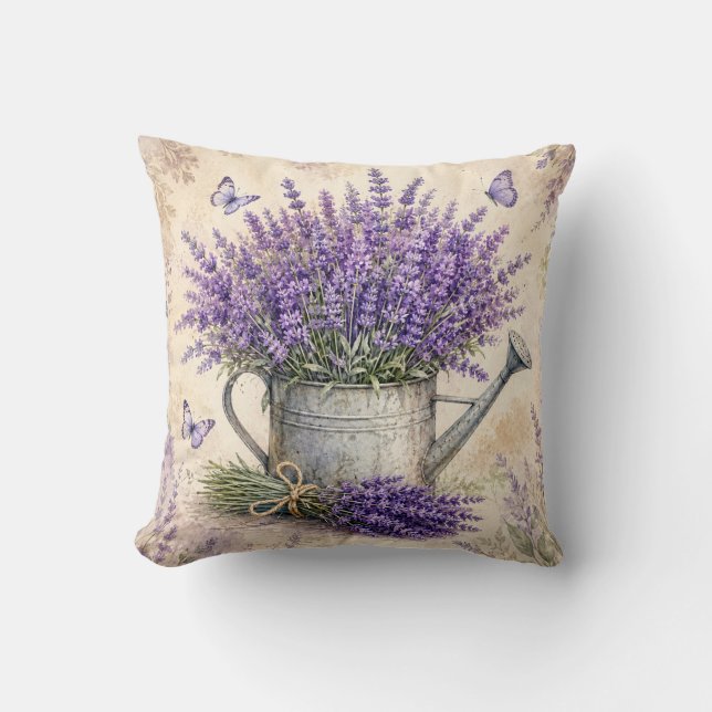 Rustikale Wasserfarbe-Lavendel-Gießkanne  Kissen (Vorderseite)